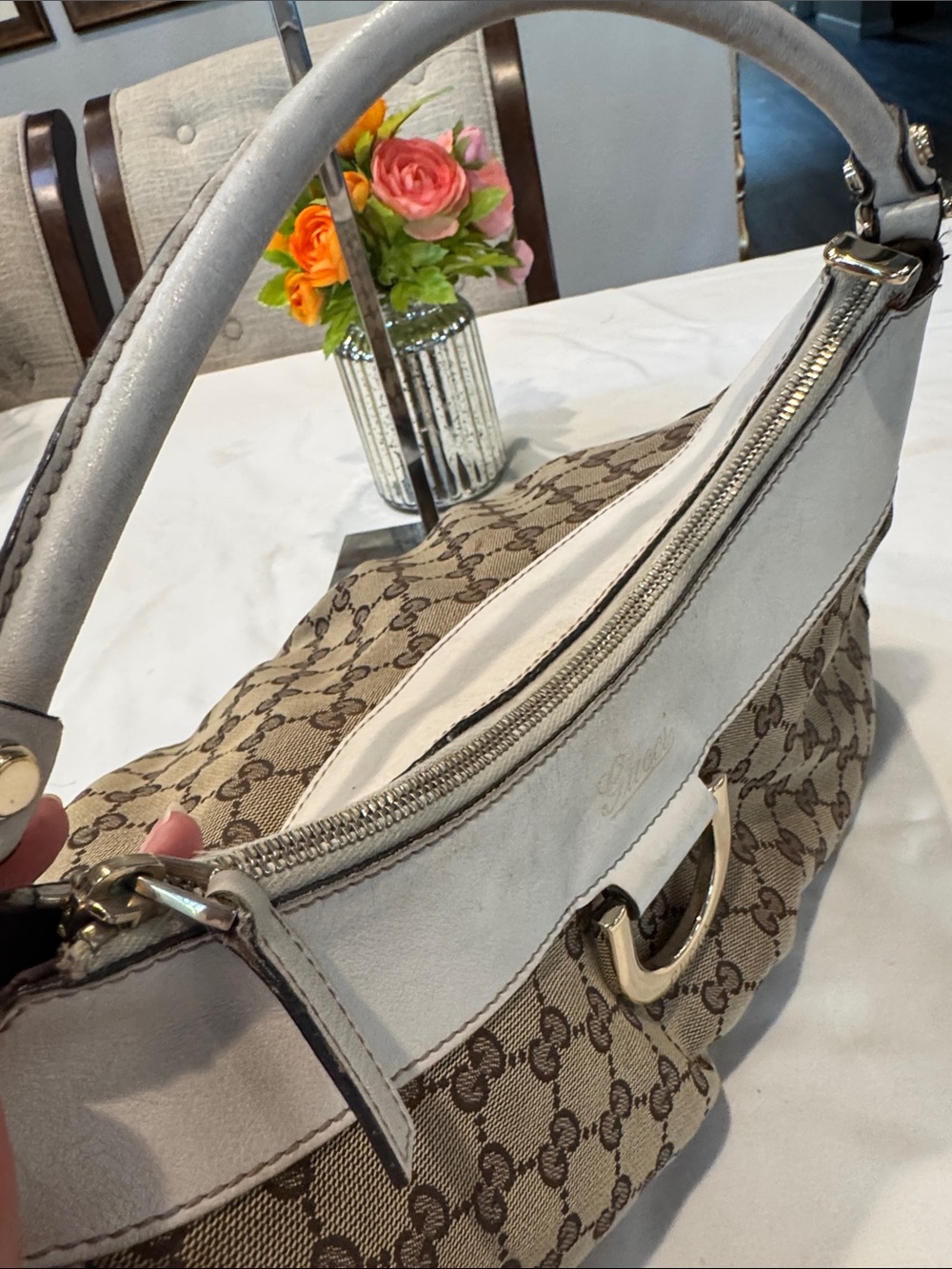 Authentic Gucci Brown GG Canvas Shoulder Hobo with White Trim - Picture 8 of 13
